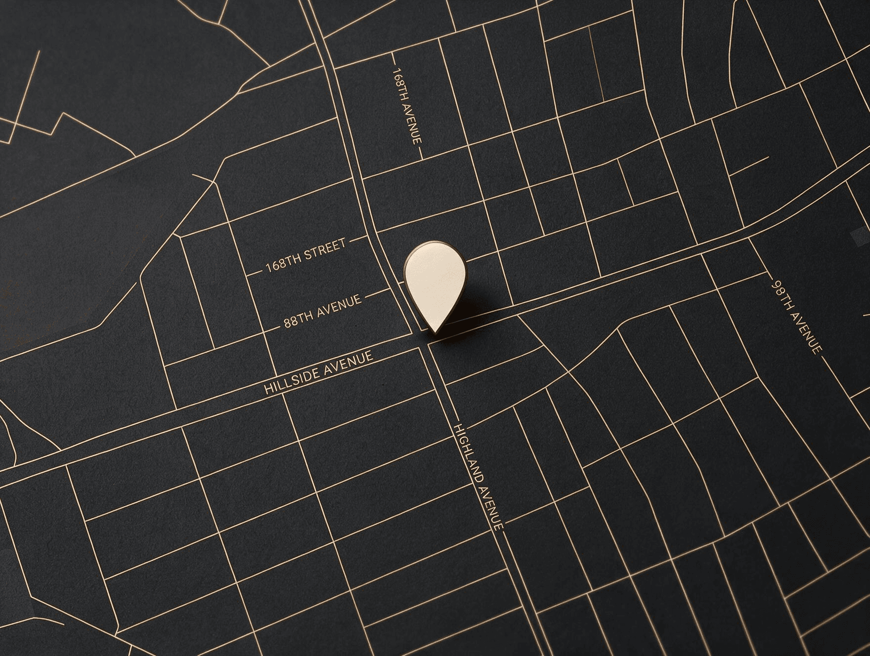 Stylized black-and-gold map of the Queens neighborhood around 168-06 Hillside Ave — Hillside Avenue, 168th Street and Highland Avenue — marked with a cream location pin