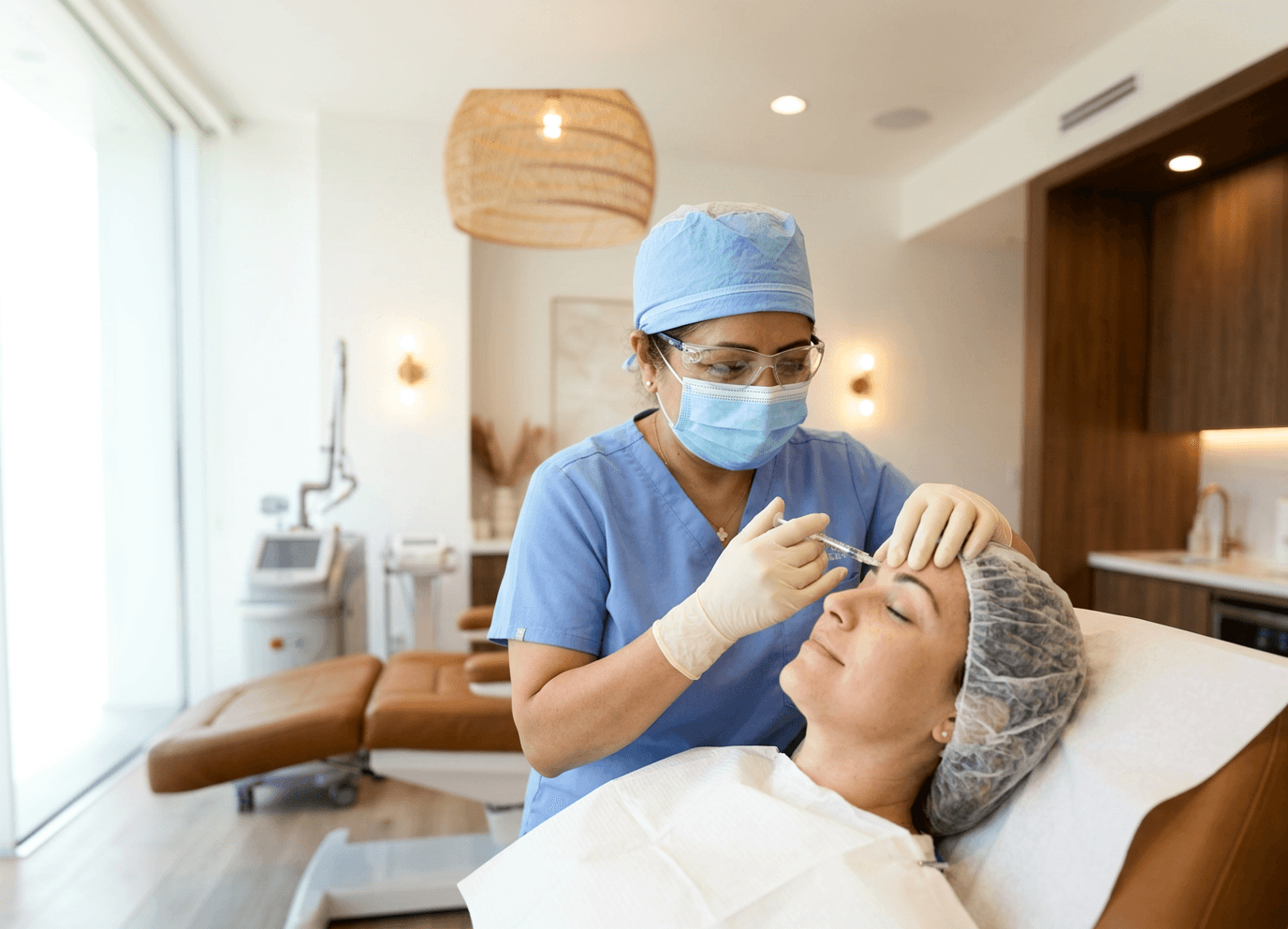 Medical professional performing an injectable treatment on a relaxed patient at Prime Care Aesthetics