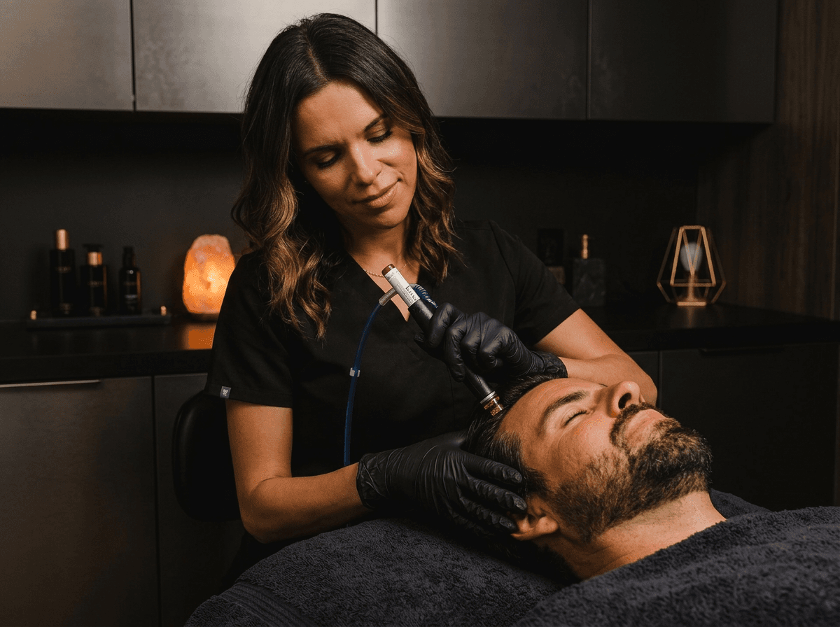 Clinician performing a hair loss treatment on a patient's scalp
