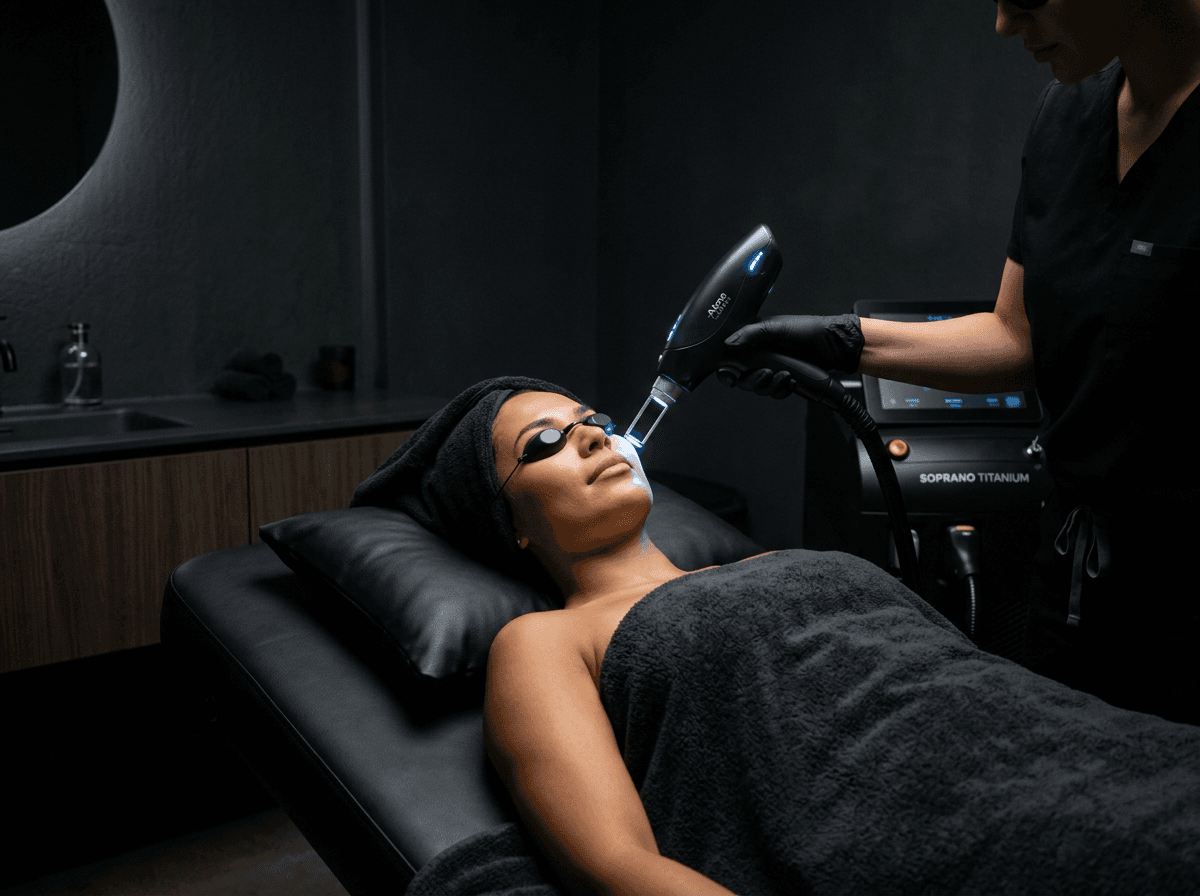 Laser hair removal treatment in progress