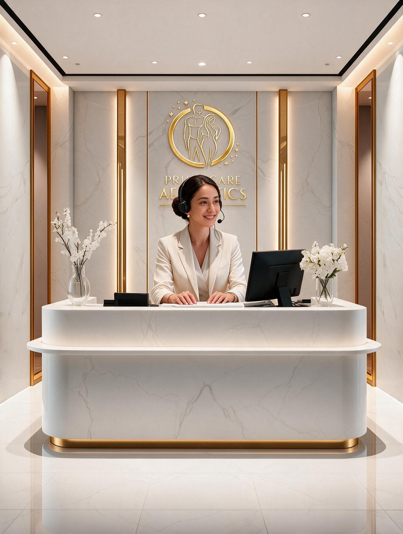PrimeCare Aesthetics reception desk with a smiling front-desk representative