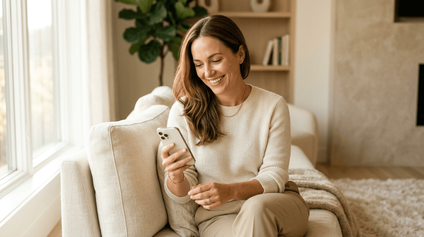 Woman smiling at her phone while booking a consultation at home