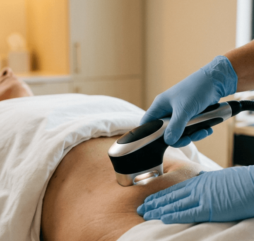 A clinician in blue gloves running a body contouring handpiece over a reclined patient's abdomen