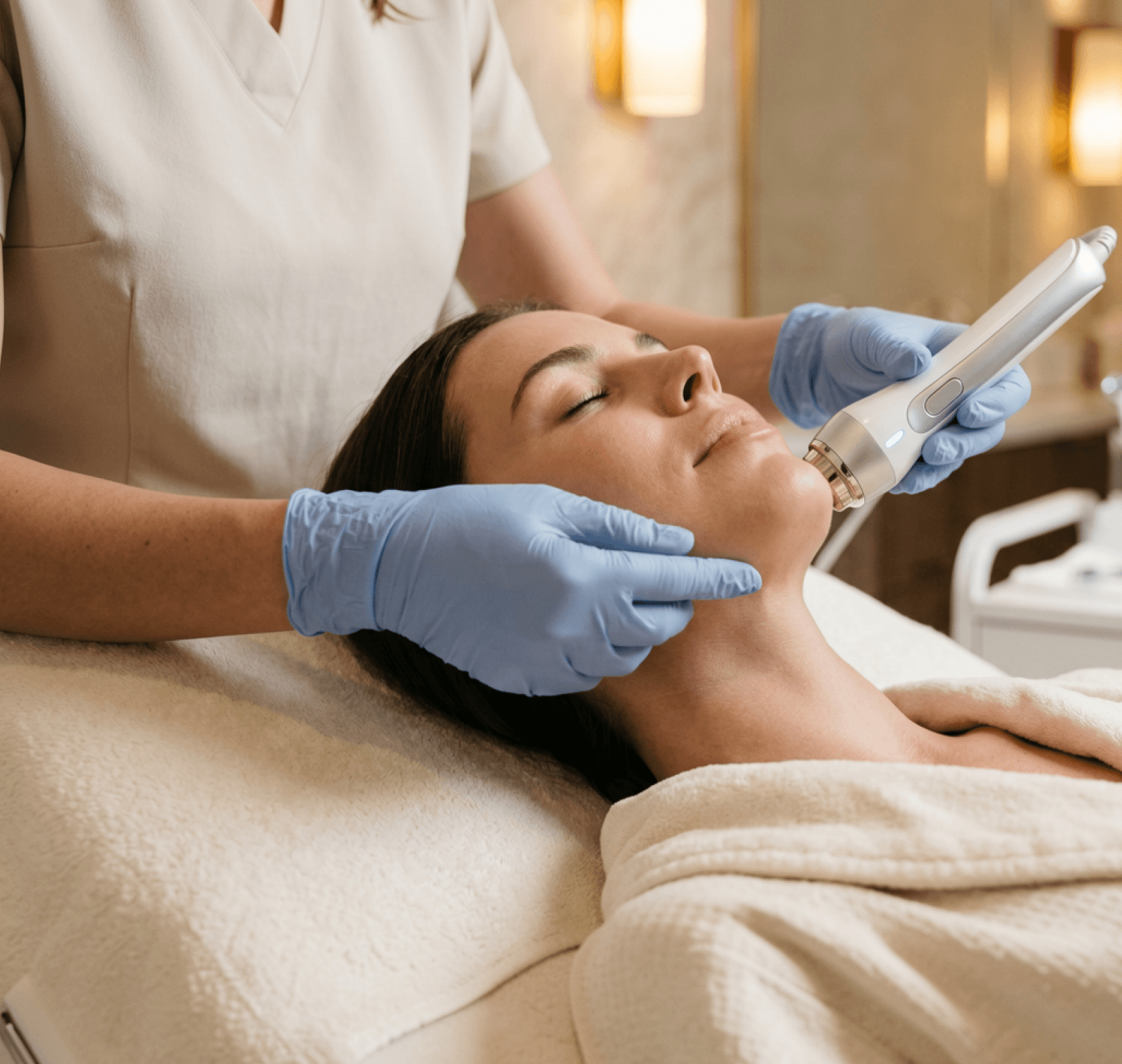 A clinician performing a facial treatment on a reclined patient