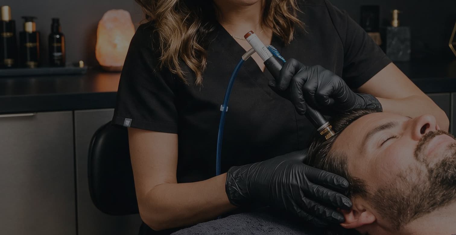 A clinician applying a scalp treatment device to a reclined male patient's hairline