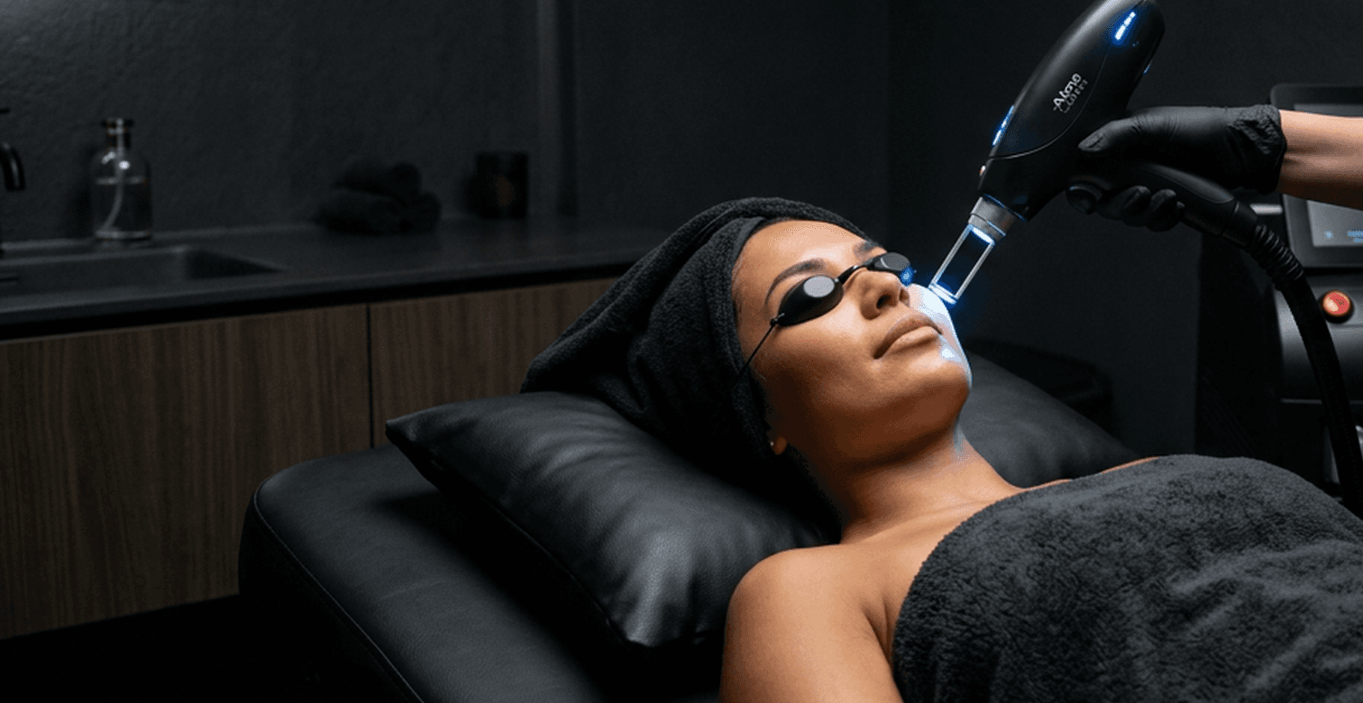 A patient wearing protective goggles receiving a laser hair removal treatment on the face