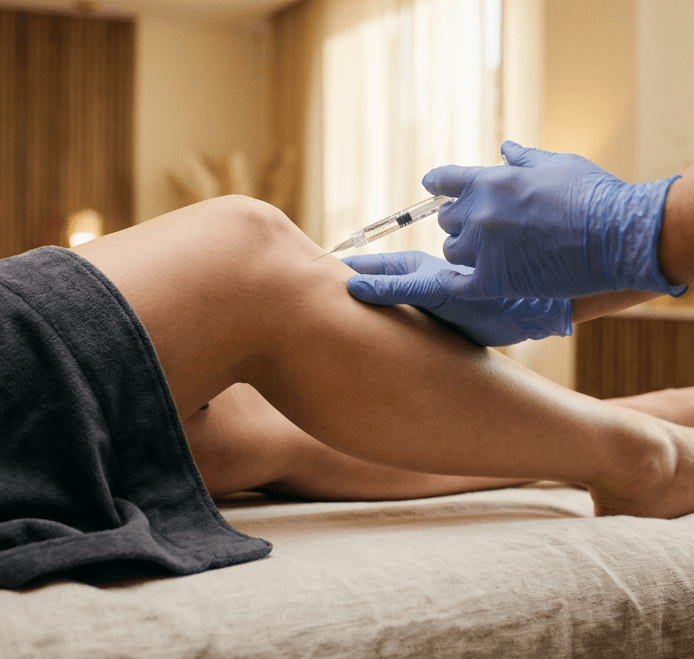 A clinician in gloves administering an injection to a patient's leg in a spa suite