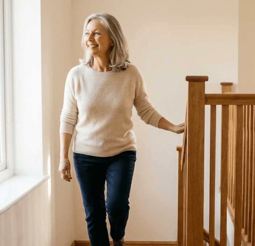 A smiling woman with gray hair walking up a wooden staircase in a bright home