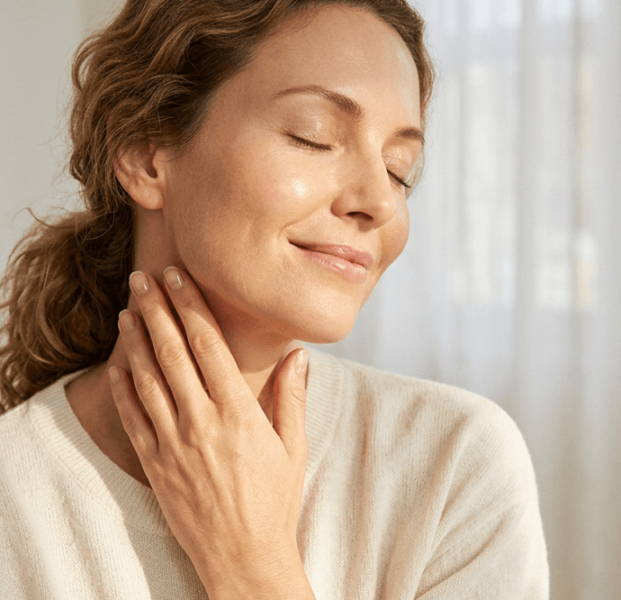 A woman with closed eyes touching her neck, skin glowing after treatment