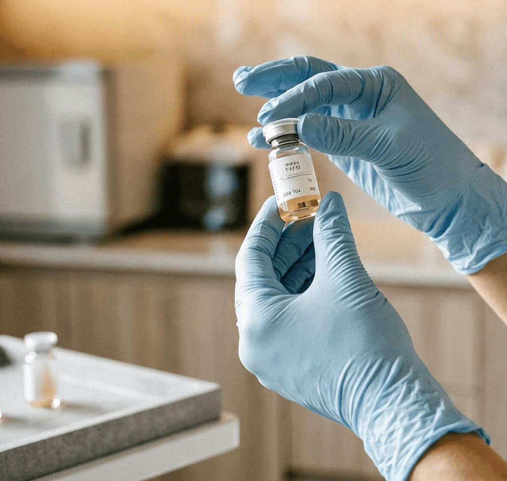 A clinician in blue gloves holding up a vial of exosome serum