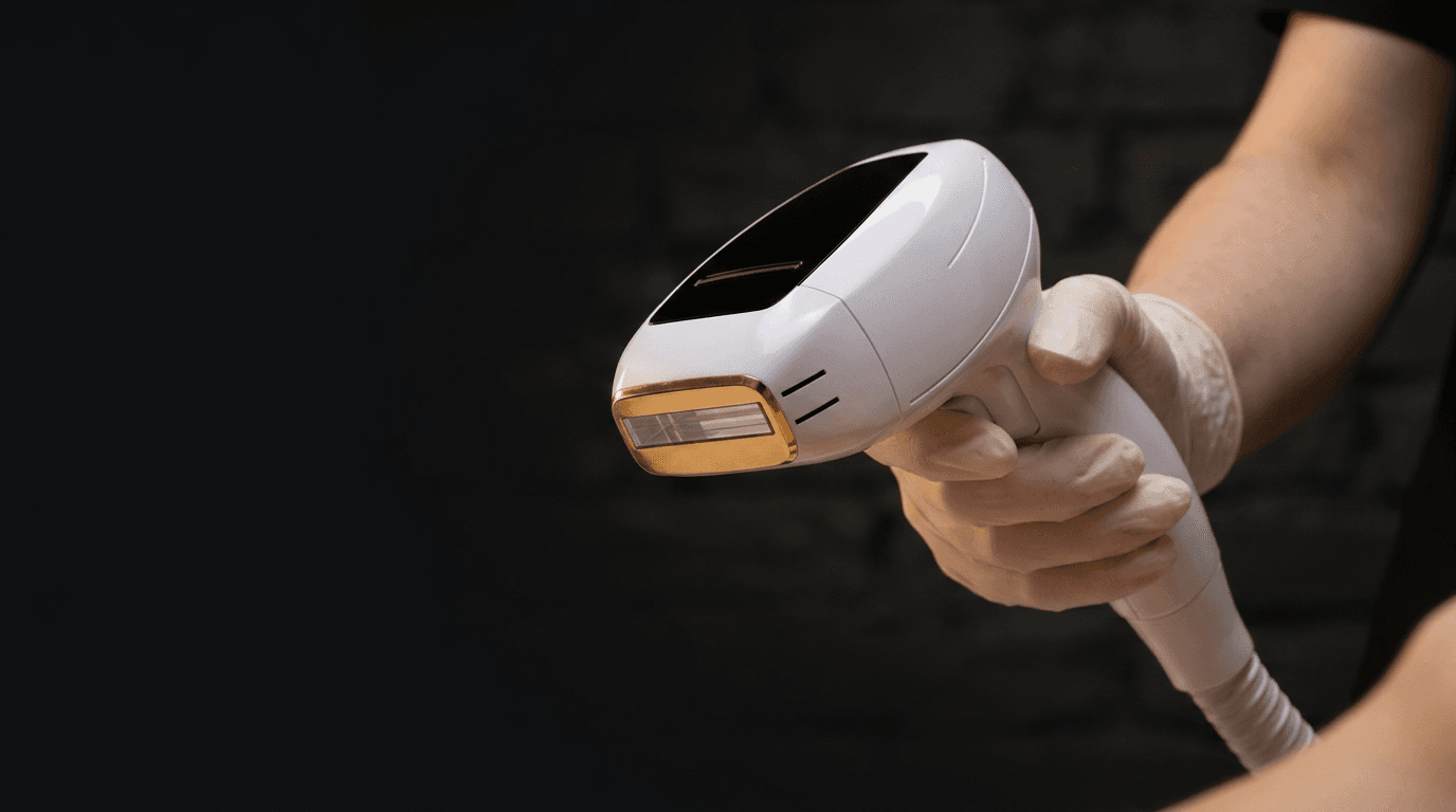 A gloved hand holding the DiolazeXL laser handpiece against a dark backdrop