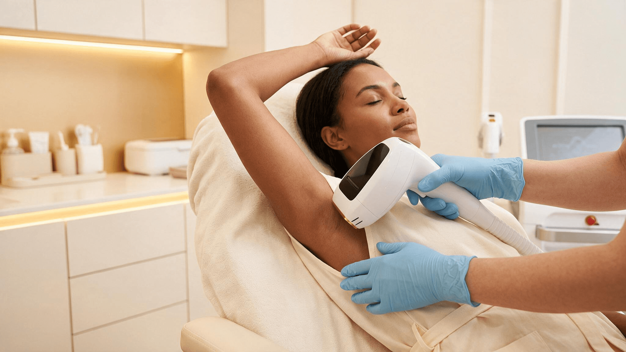 A clinician passing the DiolazeXL handpiece under a reclining patient's arm