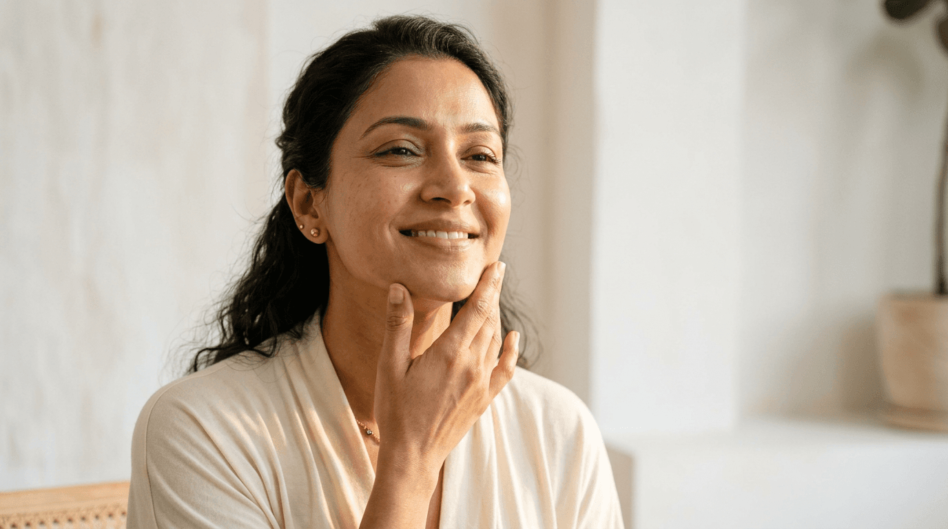 A smiling patient resting her fingertips against her jaw in soft daylight