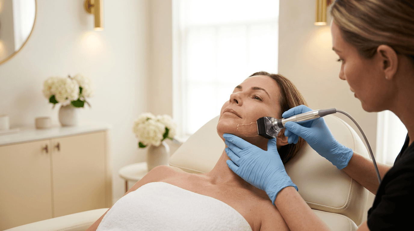 A clinician passing the Forma applicator along a patient's jaw and neck