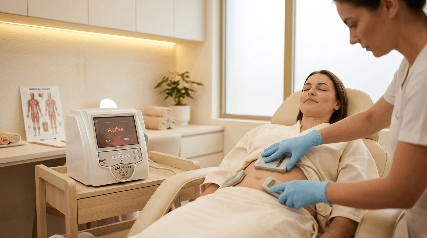 A clinician positioning Lapex BCS Pro laser paddles over a patient's abdomen