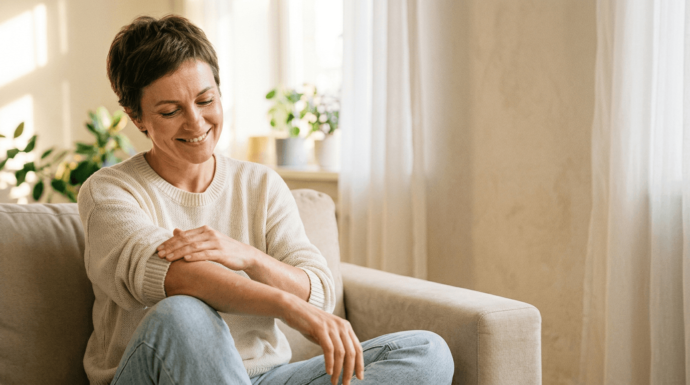 A smiling woman resting her hands on her arm in a sunlit room