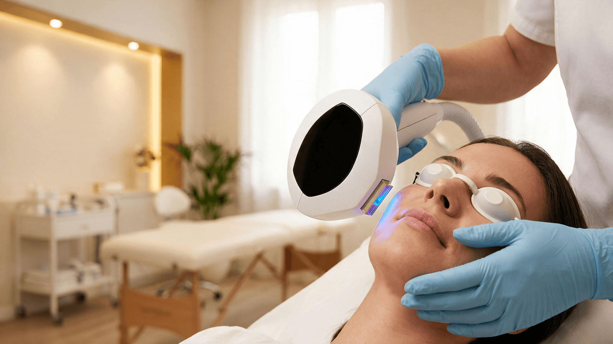 A clinician passing the Lumecca applicator over the cheek of a patient wearing eye shields