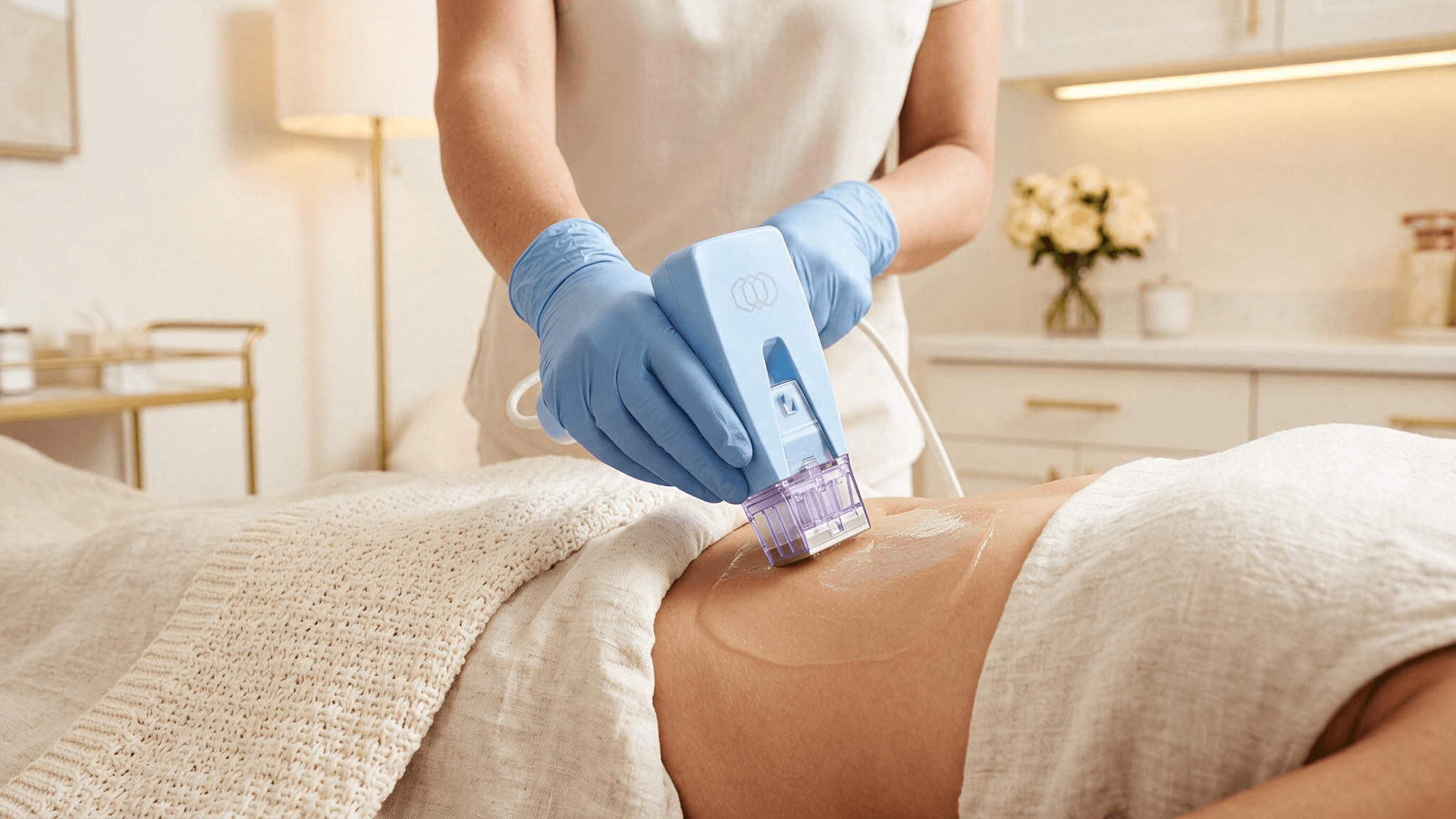 A clinician in blue gloves passing the Morpheus8 Body handpiece across a patient's abdomen