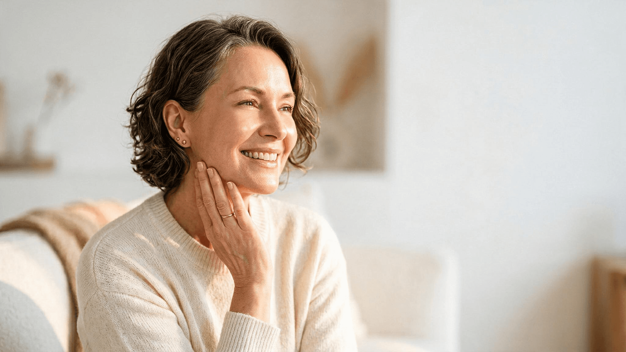 A smiling patient resting a hand against her jaw in soft natural light