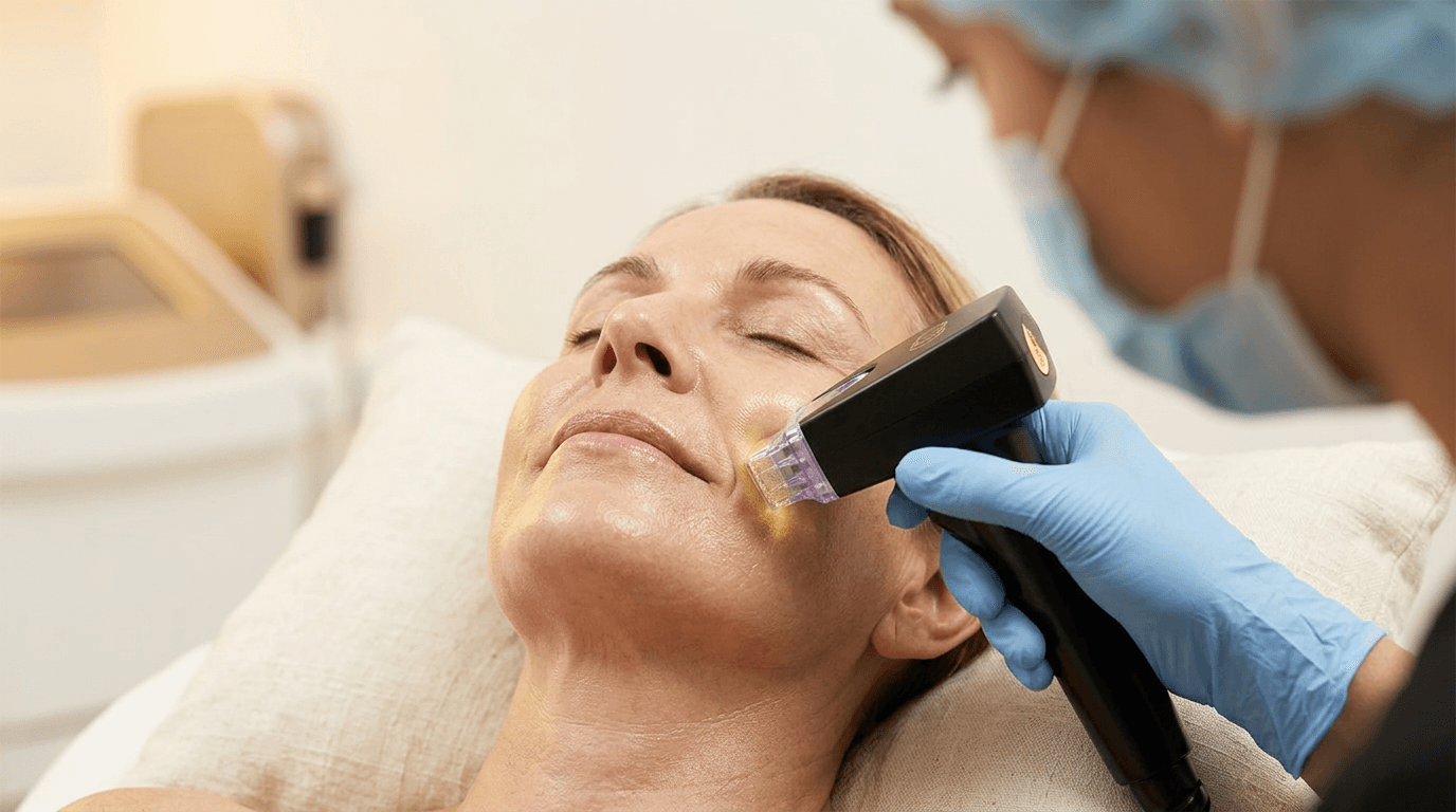 A clinician passing the Morpheus8 handpiece along a patient's cheek