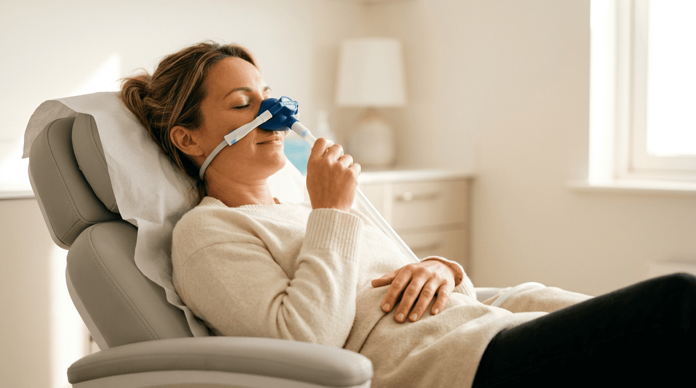 A patient reclining in a treatment chair breathing through the Pro-Nox mask