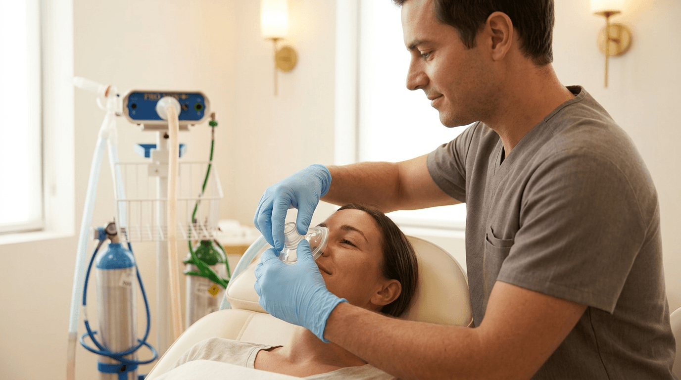 A clinician holding the Pro-Nox mask for a patient reclining in a treatment chair beside the gas cylinders