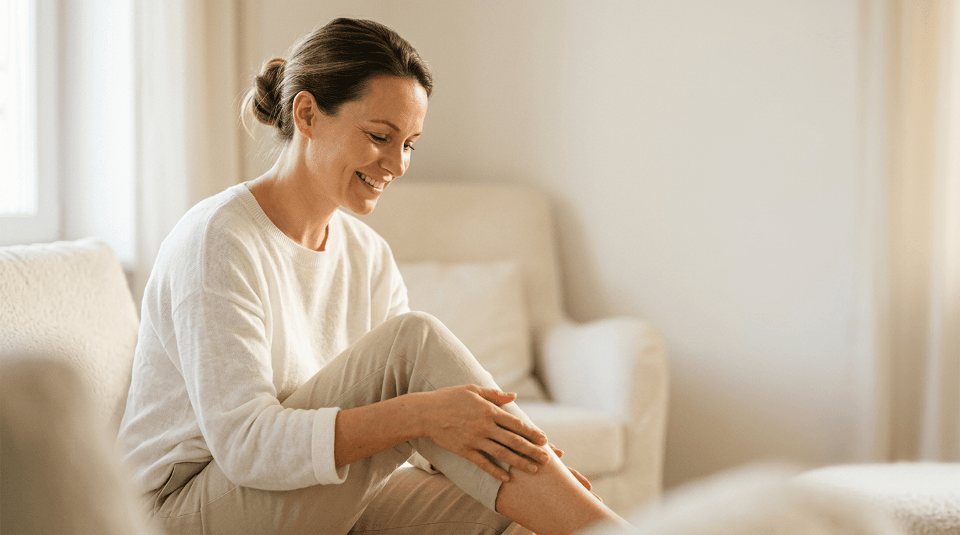 A smiling woman sitting on a sofa with her hands resting on her knee