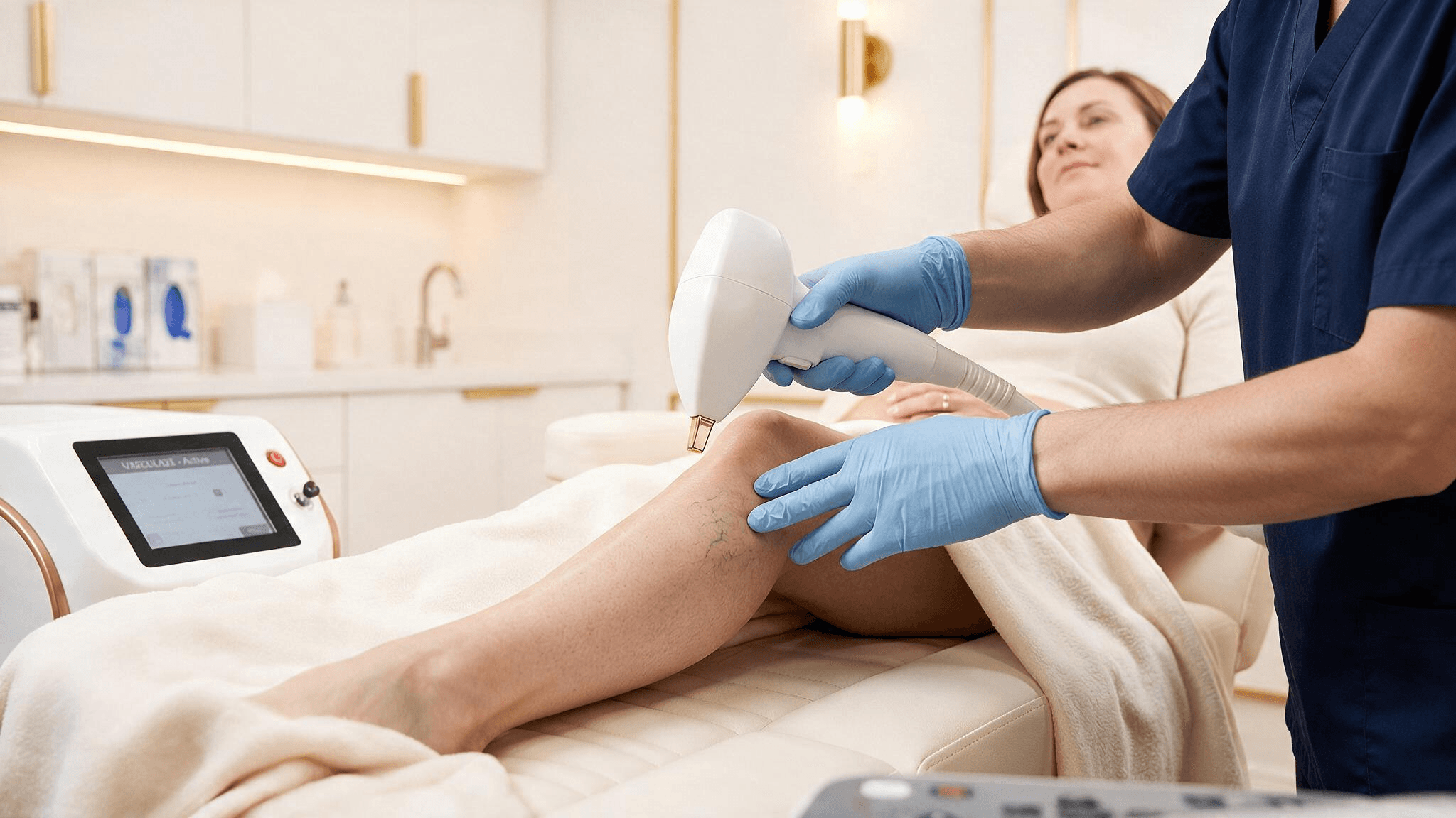 A clinician passing the Vasculaze handpiece over spider veins on a patient's leg