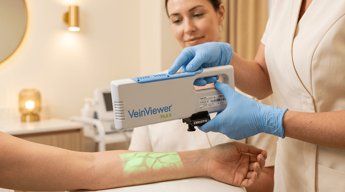 A clinician passing the VeinViewer Flex over a patient's forearm, the vein map projected on the skin