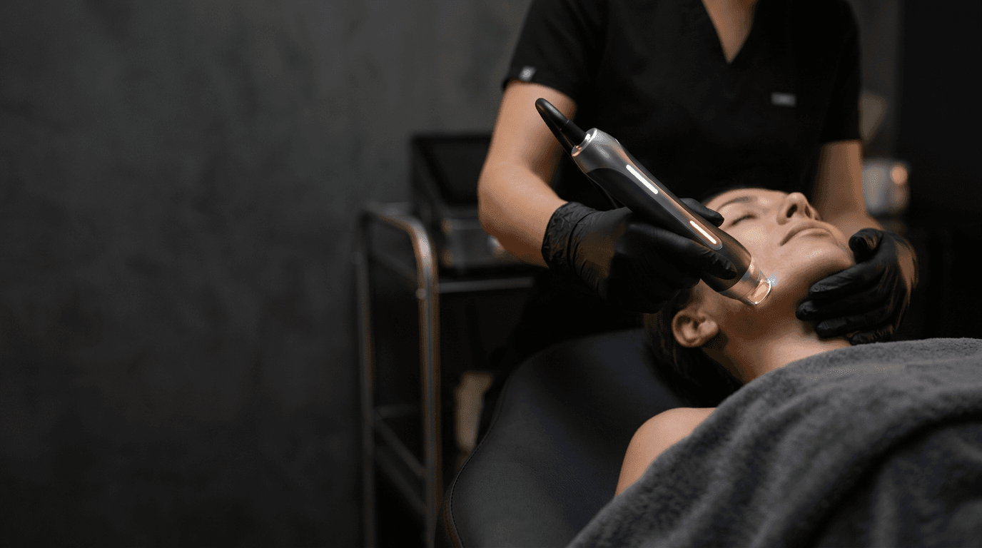 Clinician guiding a laser handpiece along a patient's jawline during a treatment