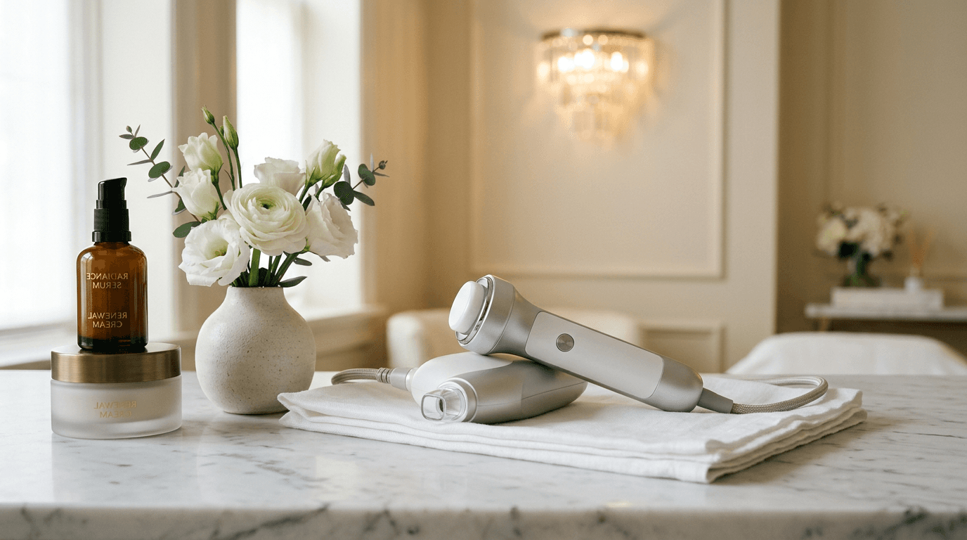 Radiofrequency handpieces resting on folded towels in a softly lit treatment room